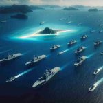 Create a high-definition realistic image of a large naval fleet, likely of Asian origin, moving closer to a remote tropical island, indicating a potential escalation of regional tension. The image should give a sense of the strategic significance of the island, set amidst the vast expanse of azure ocean waters, with the fleet of modern intimidating vessels speckled across the horizon.