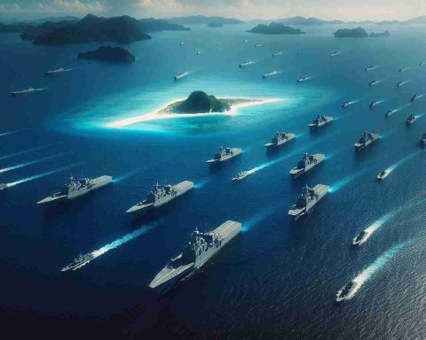 Create a high-definition realistic image of a large naval fleet, likely of Asian origin, moving closer to a remote tropical island, indicating a potential escalation of regional tension. The image should give a sense of the strategic significance of the island, set amidst the vast expanse of azure ocean waters, with the fleet of modern intimidating vessels speckled across the horizon.