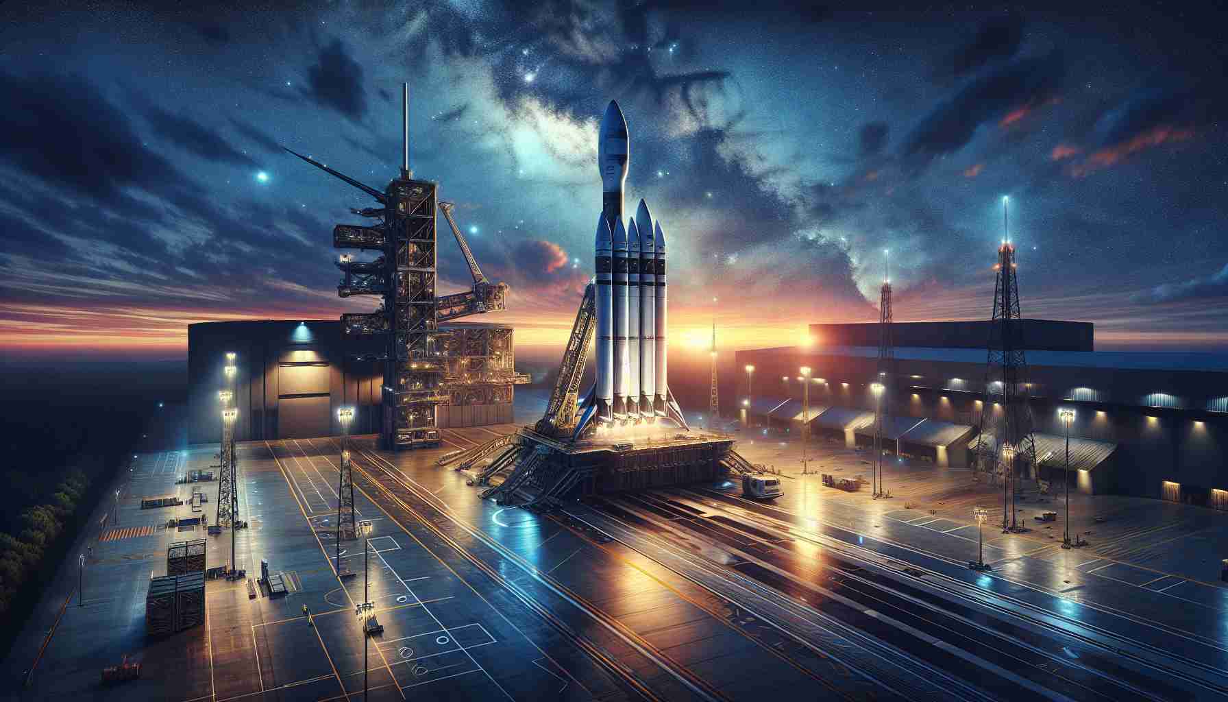 A detailed and realistic high-definition image of the concept named 'Unlocking the Future'. It's a scene involving a cutting-edge rocket from a fictional space exploratory company, poised on the launch pad, ready to be deployed into the outer space. This revolutionary aerospace technology is designed specifically to optimize the process of satellite launches. The setting radiates the excitement and anticipation of breaking new frontiers in science and exploration. The sky above is a magnificent tapestry of twilight hues, the rocket's imposing silhouette standing out starkly, promising a giant leap for mankind.