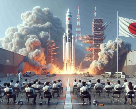 A high-definition, realistic image conveying the concept of Japan's space aspirations facing difficulties due to engine test failures. The scene should feature a symbolic representation of Japan (such as the national flag or a landmark), a space rocket in the process of being tested with visible signs of failure, such as smoke or parts breaking off, and perhaps a group of frustrated engineers of diverse genders and descents observing the scene from a secure distance.