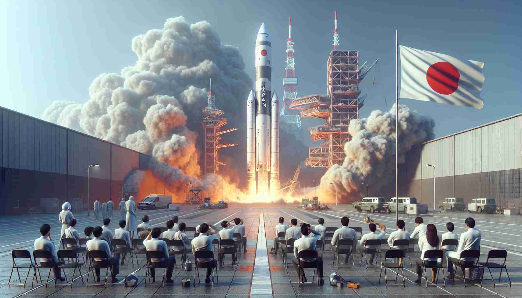 A high-definition, realistic image conveying the concept of Japan's space aspirations facing difficulties due to engine test failures. The scene should feature a symbolic representation of Japan (such as the national flag or a landmark), a space rocket in the process of being tested with visible signs of failure, such as smoke or parts breaking off, and perhaps a group of frustrated engineers of diverse genders and descents observing the scene from a secure distance.