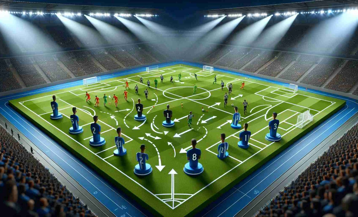 Generate an image portraying the strategic shift for an important football match. Show a 3D model display of a soccer field, complete with position markers, arrows and labels indicating player movements and tactics. Key team members, represented as animated figures, should be Caucasian, Hispanic, Black, Middle-Eastern, South Asian, and White. Keep the ambiance unique to European football games, with bright stadium lights and the excitement of a closely contested match in the air. Details like pitch condition, ball, and team uniforms should also be included to give a realistic touch. However, ensure no specific identities, symbols or logos are included so as to avoid copyright issues.