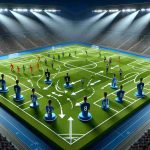 Generate an image portraying the strategic shift for an important football match. Show a 3D model display of a soccer field, complete with position markers, arrows and labels indicating player movements and tactics. Key team members, represented as animated figures, should be Caucasian, Hispanic, Black, Middle-Eastern, South Asian, and White. Keep the ambiance unique to European football games, with bright stadium lights and the excitement of a closely contested match in the air. Details like pitch condition, ball, and team uniforms should also be included to give a realistic touch. However, ensure no specific identities, symbols or logos are included so as to avoid copyright issues.