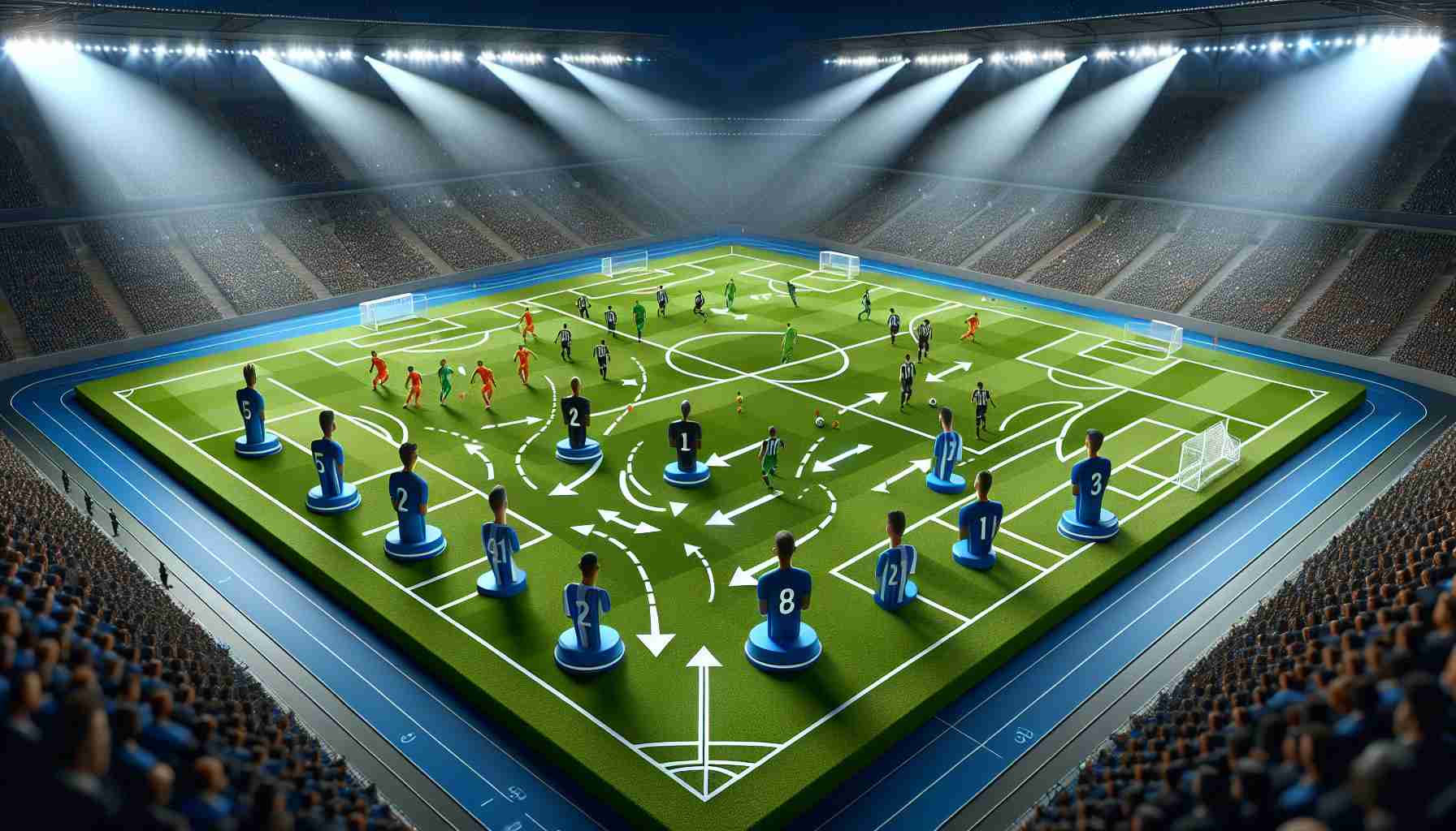 Generate an image portraying the strategic shift for an important football match. Show a 3D model display of a soccer field, complete with position markers, arrows and labels indicating player movements and tactics. Key team members, represented as animated figures, should be Caucasian, Hispanic, Black, Middle-Eastern, South Asian, and White. Keep the ambiance unique to European football games, with bright stadium lights and the excitement of a closely contested match in the air. Details like pitch condition, ball, and team uniforms should also be included to give a realistic touch. However, ensure no specific identities, symbols or logos are included so as to avoid copyright issues.