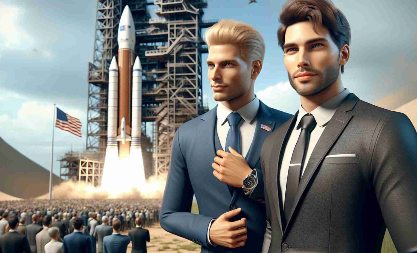 Realistic HD image of a businessman and an entrepreneur collaborating for a groundbreaking space launch in Texas. They stand side by side, overlooking the crowd. The businessman is well-dressed in a suit and tie, sport a blonde combover hairstyle. The entrepreneur, casually dressed, has short brown hair, and a hint of stubble. A large rocket looms behind them, ready for liftoff. The excitement in the air is palpable as they make a historic stride towards space exploration.