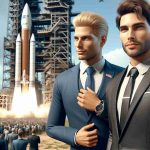 Realistic HD image of a businessman and an entrepreneur collaborating for a groundbreaking space launch in Texas. They stand side by side, overlooking the crowd. The businessman is well-dressed in a suit and tie, sport a blonde combover hairstyle. The entrepreneur, casually dressed, has short brown hair, and a hint of stubble. A large rocket looms behind them, ready for liftoff. The excitement in the air is palpable as they make a historic stride towards space exploration.