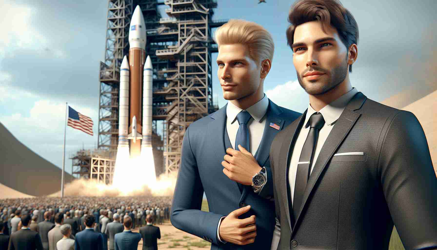 Realistic HD image of a businessman and an entrepreneur collaborating for a groundbreaking space launch in Texas. They stand side by side, overlooking the crowd. The businessman is well-dressed in a suit and tie, sport a blonde combover hairstyle. The entrepreneur, casually dressed, has short brown hair, and a hint of stubble. A large rocket looms behind them, ready for liftoff. The excitement in the air is palpable as they make a historic stride towards space exploration.