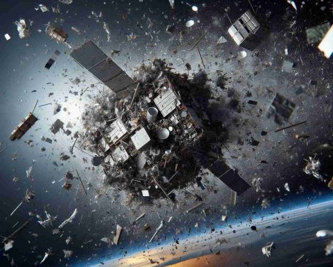 A highly realistic, high-definition rendering of satellite debris, often considered as a concealed threat to our atmosphere. Imagine fragments of worn-out satellites, cast-off rocket stages, and small metal pieces scattering around the space, circo-terrorizing our Earth's outer atmospheric layer. The visual should give a spatial sense of the immense scale and density of the debris cloud, and the potential danger it poses to space missions and our planet's atmosphere.