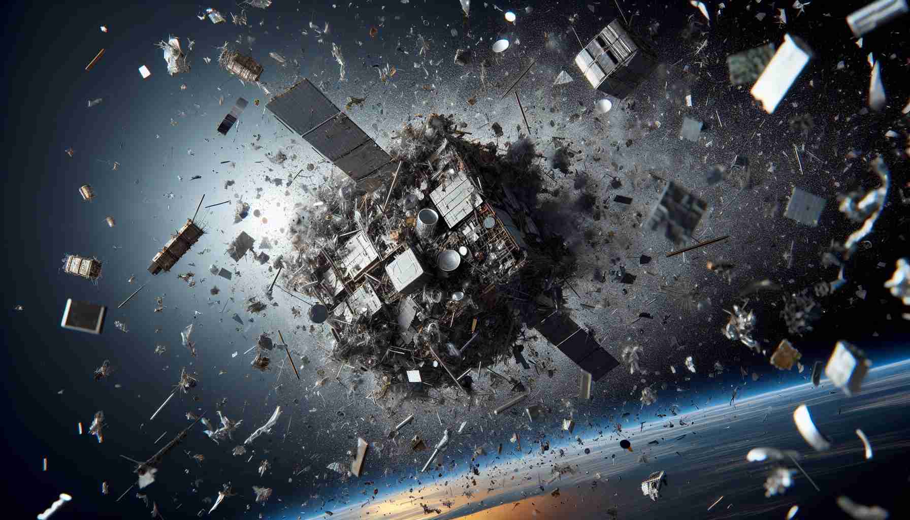 A highly realistic, high-definition rendering of satellite debris, often considered as a concealed threat to our atmosphere. Imagine fragments of worn-out satellites, cast-off rocket stages, and small metal pieces scattering around the space, circo-terrorizing our Earth's outer atmospheric layer. The visual should give a spatial sense of the immense scale and density of the debris cloud, and the potential danger it poses to space missions and our planet's atmosphere.