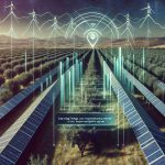 Generate a realistic high-definition image showing solar panels installed above orchard trees. Include some visual cues to indicate radio signals being interfered with like signal bars with a cross over them. Overlay these elements with textual snippets that suggest surprising findings on the impact of solar panels on navigation signals.