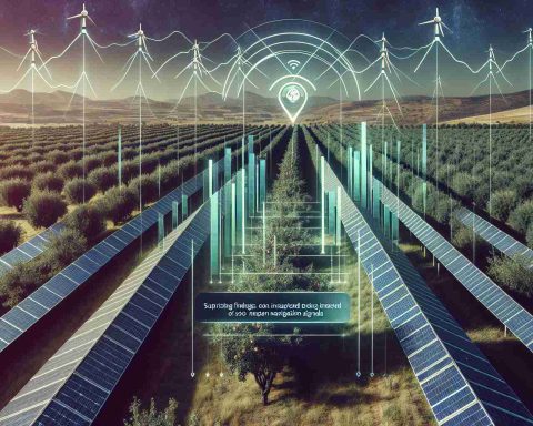 Generate a realistic high-definition image showing solar panels installed above orchard trees. Include some visual cues to indicate radio signals being interfered with like signal bars with a cross over them. Overlay these elements with textual snippets that suggest surprising findings on the impact of solar panels on navigation signals.