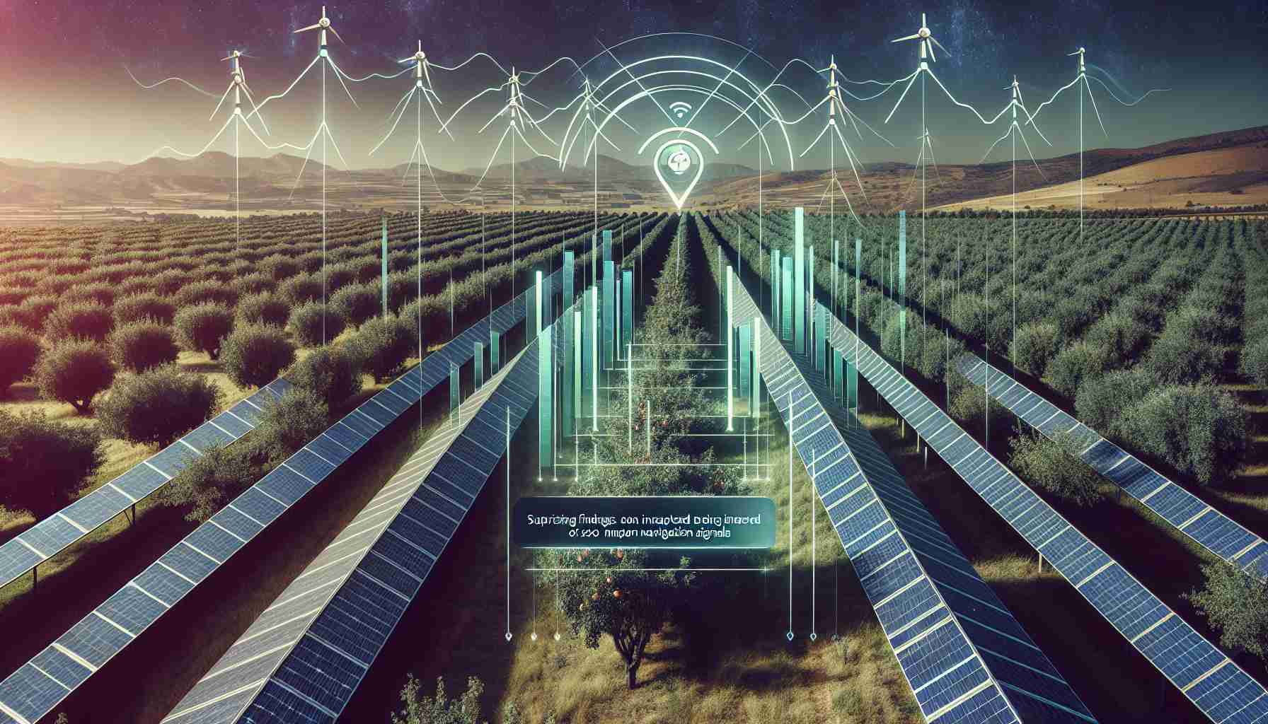 Generate a realistic high-definition image showing solar panels installed above orchard trees. Include some visual cues to indicate radio signals being interfered with like signal bars with a cross over them. Overlay these elements with textual snippets that suggest surprising findings on the impact of solar panels on navigation signals.