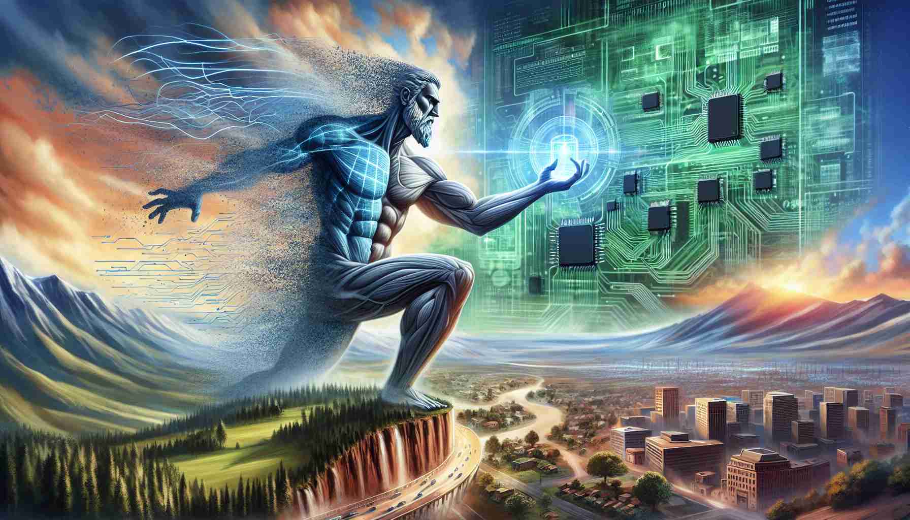 An illustrative representation of two powerful metaphorical giants in the landscapes of telecommunications and semiconductors. One of the titanic figures appears to be agile, symbolizing innovation in the telecom sector. He is depicted with lines of code and network signals emanating from his hands, conveying the power of information transfer. On the other hand, the counterpart symbolizing the semiconductor sector is illustrated with complex electronics and chip designs covering its form, signaling technological advancement in that industry. The background encapsulates a dynamic shift in strategy, with realistic surroundings morphing to suggest digitization and advanced technology. The entire scene is rendered in high definition.