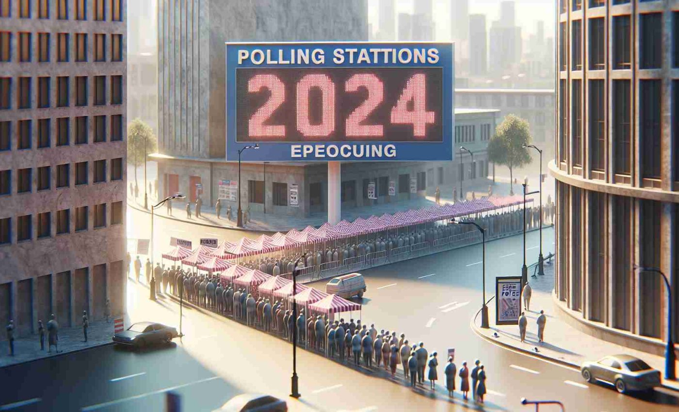 Photorealistic high-definition image of a large decrease in the number of polling stations set up in a cityscape. Signs indicate that an election is upcoming in 2024. This scene underlines the importance of democracy and free election. Among the dwindling polling stations, a small portion of the population can be seen queued up for voting.