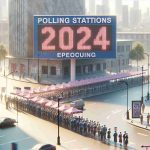 Photorealistic high-definition image of a large decrease in the number of polling stations set up in a cityscape. Signs indicate that an election is upcoming in 2024. This scene underlines the importance of democracy and free election. Among the dwindling polling stations, a small portion of the population can be seen queued up for voting.