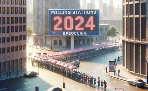 Photorealistic high-definition image of a large decrease in the number of polling stations set up in a cityscape. Signs indicate that an election is upcoming in 2024. This scene underlines the importance of democracy and free election. Among the dwindling polling stations, a small portion of the population can be seen queued up for voting.