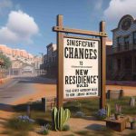 High-definition realistic visual representation of significant changes at a public library in a western-flavored town. The sign at the entrance announces new residency rules that are being unveiled.