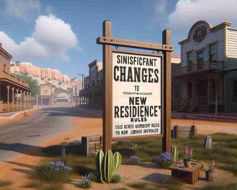 High-definition realistic visual representation of significant changes at a public library in a western-flavored town. The sign at the entrance announces new residency rules that are being unveiled.