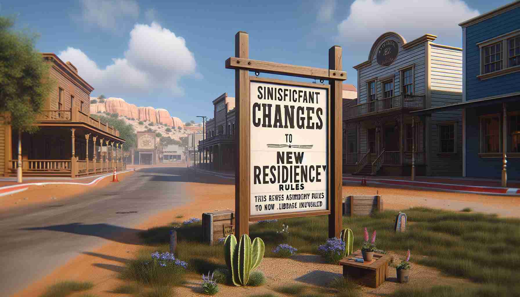 High-definition realistic visual representation of significant changes at a public library in a western-flavored town. The sign at the entrance announces new residency rules that are being unveiled.