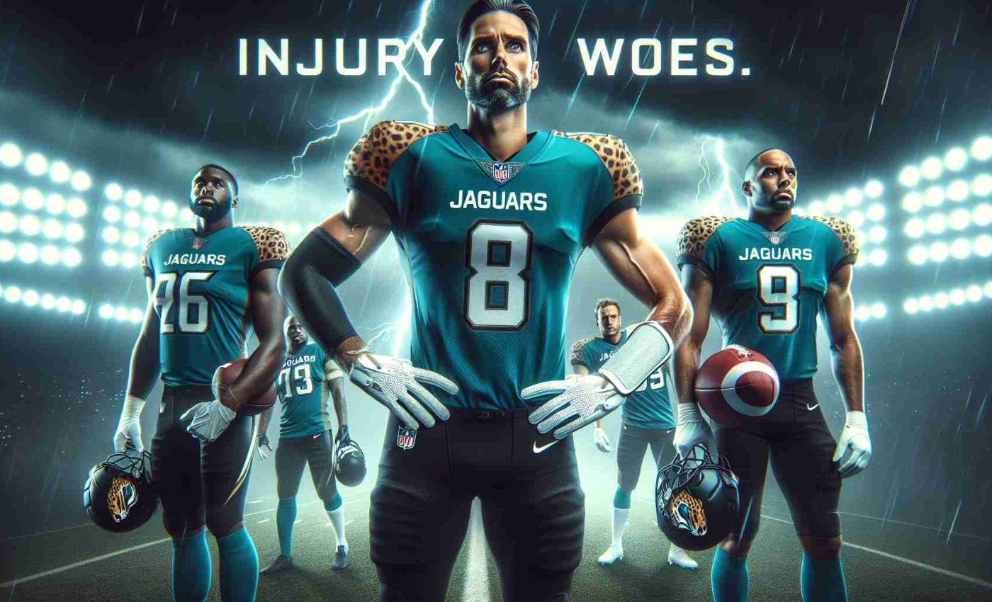 Realistic high-definition image of a dramatic sports-themed scene, possibly a sulky environment, suggesting the topic of 'Injury Woes'. It includes key members of a football team, wearing jerseys symbolizing jaguars, expressing uncertainty and challenge before a major Sunday showdown.