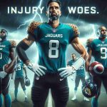 Realistic high-definition image of a dramatic sports-themed scene, possibly a sulky environment, suggesting the topic of 'Injury Woes'. It includes key members of a football team, wearing jerseys symbolizing jaguars, expressing uncertainty and challenge before a major Sunday showdown.