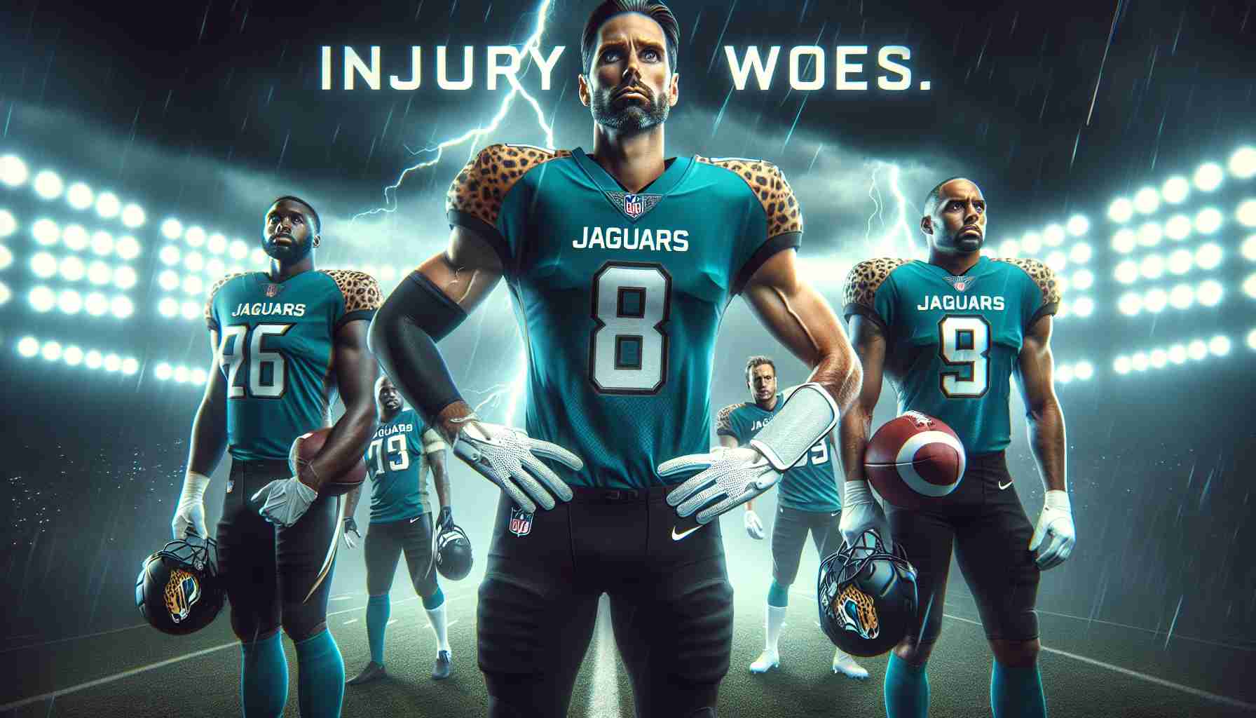 Realistic high-definition image of a dramatic sports-themed scene, possibly a sulky environment, suggesting the topic of 'Injury Woes'. It includes key members of a football team, wearing jerseys symbolizing jaguars, expressing uncertainty and challenge before a major Sunday showdown.