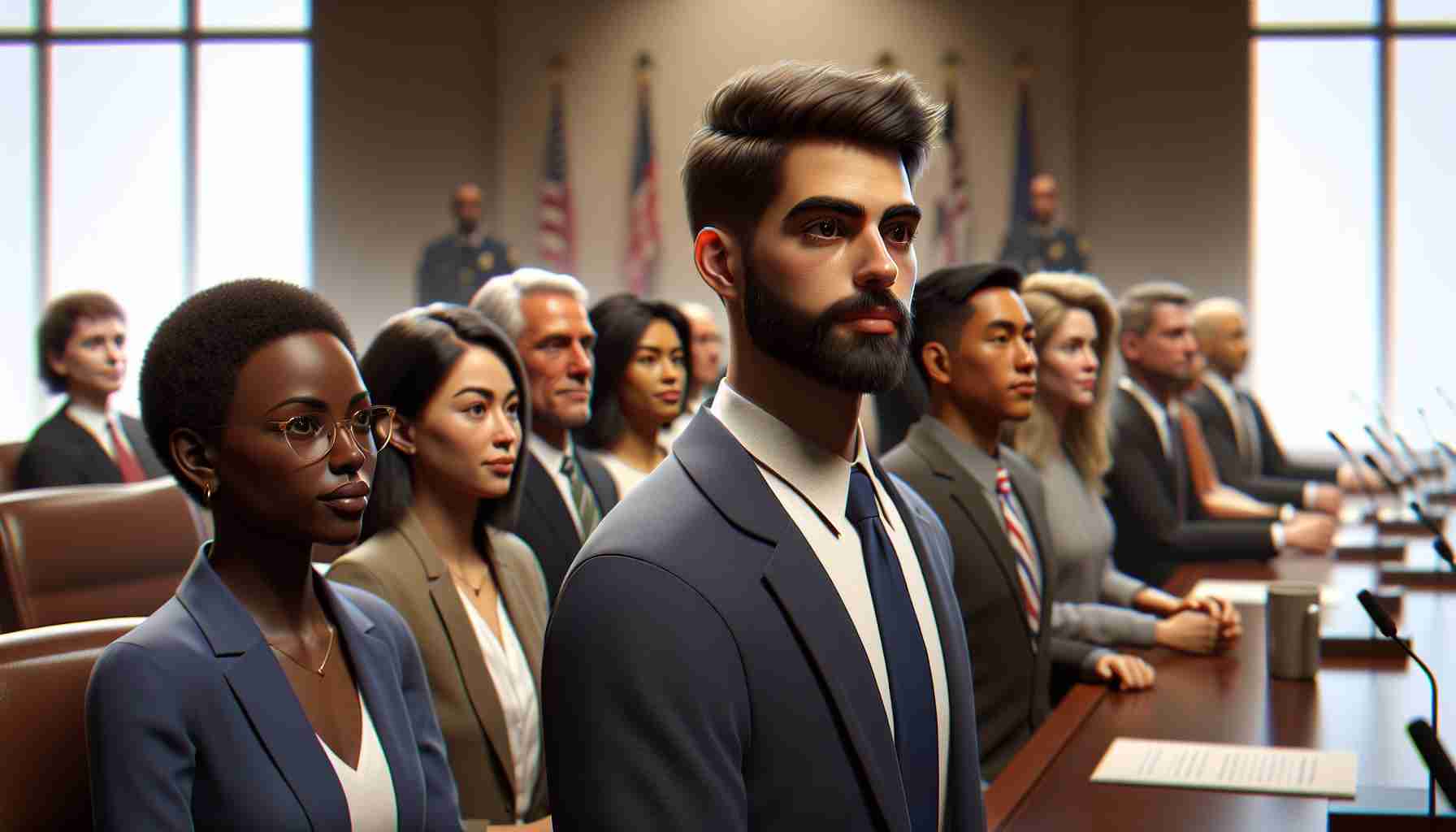 Realistic HD image of a major alteration in the school board of Jefferson County: Newly elected members making their appearance. A mix of men and women, displaying a blend of Caucasian, Black, Hispanic, Middle-Eastern, and South Asian descents, in professional attire making their first appearance in the meeting, capturing the essence of change.