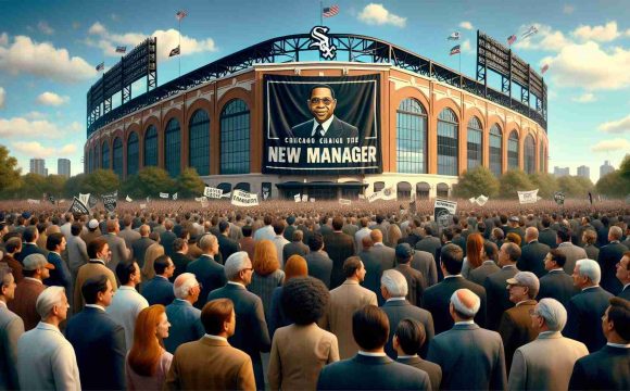 An HD photo realistically portraying a scene outside the Chicago White Sox stadium, capturing the atmosphere of anticipation and change. Gallant fans, a mixture of men and women of various descents such as Caucasian, Black, Hispanic, Middle-Eastern, and South Asian, are gathered in groups expressing their excitement for the new leadership. Banners heralding the new manager are strikingly displayed, bringing a feel of transformation and renewal to the environment. The sky above is a brilliant blue, and the stadium stands proud and imposing, a symbol of the team's resilient spirit.