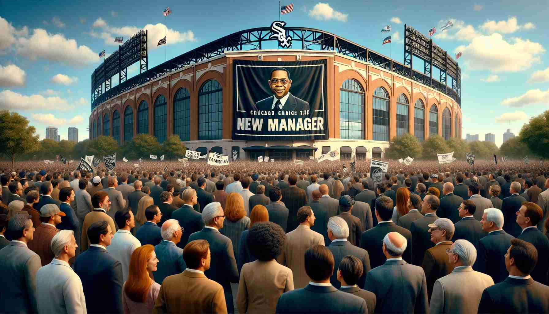 An HD photo realistically portraying a scene outside the Chicago White Sox stadium, capturing the atmosphere of anticipation and change. Gallant fans, a mixture of men and women of various descents such as Caucasian, Black, Hispanic, Middle-Eastern, and South Asian, are gathered in groups expressing their excitement for the new leadership. Banners heralding the new manager are strikingly displayed, bringing a feel of transformation and renewal to the environment. The sky above is a brilliant blue, and the stadium stands proud and imposing, a symbol of the team's resilient spirit.