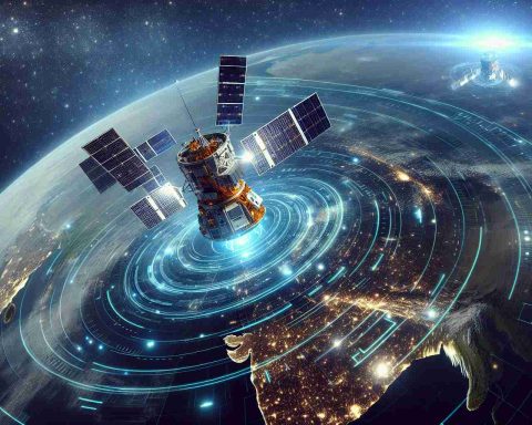 Generate a realistic, high-definition image of GSAT Satellites, which are part of India's effort to revolutionize connectivity. Surround these satellites with the vastness of space, with stars twinkling in the background. Include the Earth from a distance, symbolizing the area these satellites will serve. Overlay futuristic elements, such as glowing lines of data transfer or holographic screens, to indicate the potential future advancements of this technology.