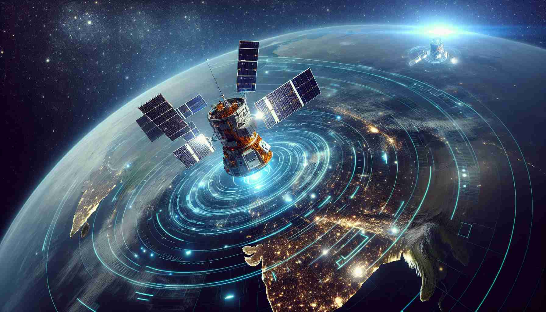 Generate a realistic, high-definition image of GSAT Satellites, which are part of India's effort to revolutionize connectivity. Surround these satellites with the vastness of space, with stars twinkling in the background. Include the Earth from a distance, symbolizing the area these satellites will serve. Overlay futuristic elements, such as glowing lines of data transfer or holographic screens, to indicate the potential future advancements of this technology.