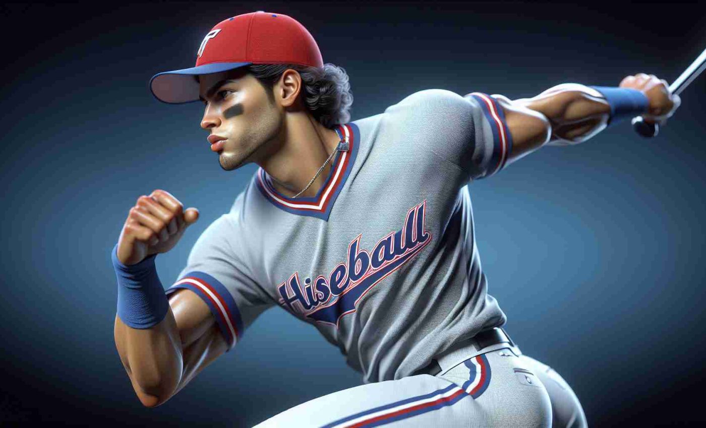 Realistic high-definition illustration of a young Hispanic male baseball player in action, competitor in the baseball team's quest for championship. He is a right choice due to his excellent sporting skills and strong drive for victory.