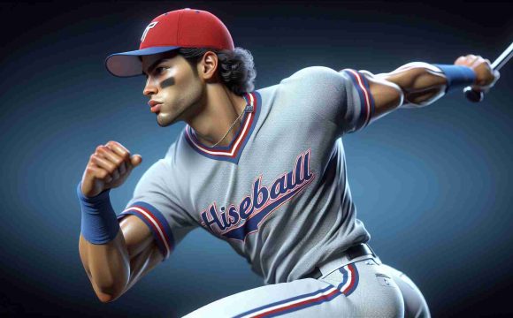 Realistic high-definition illustration of a young Hispanic male baseball player in action, competitor in the baseball team's quest for championship. He is a right choice due to his excellent sporting skills and strong drive for victory.