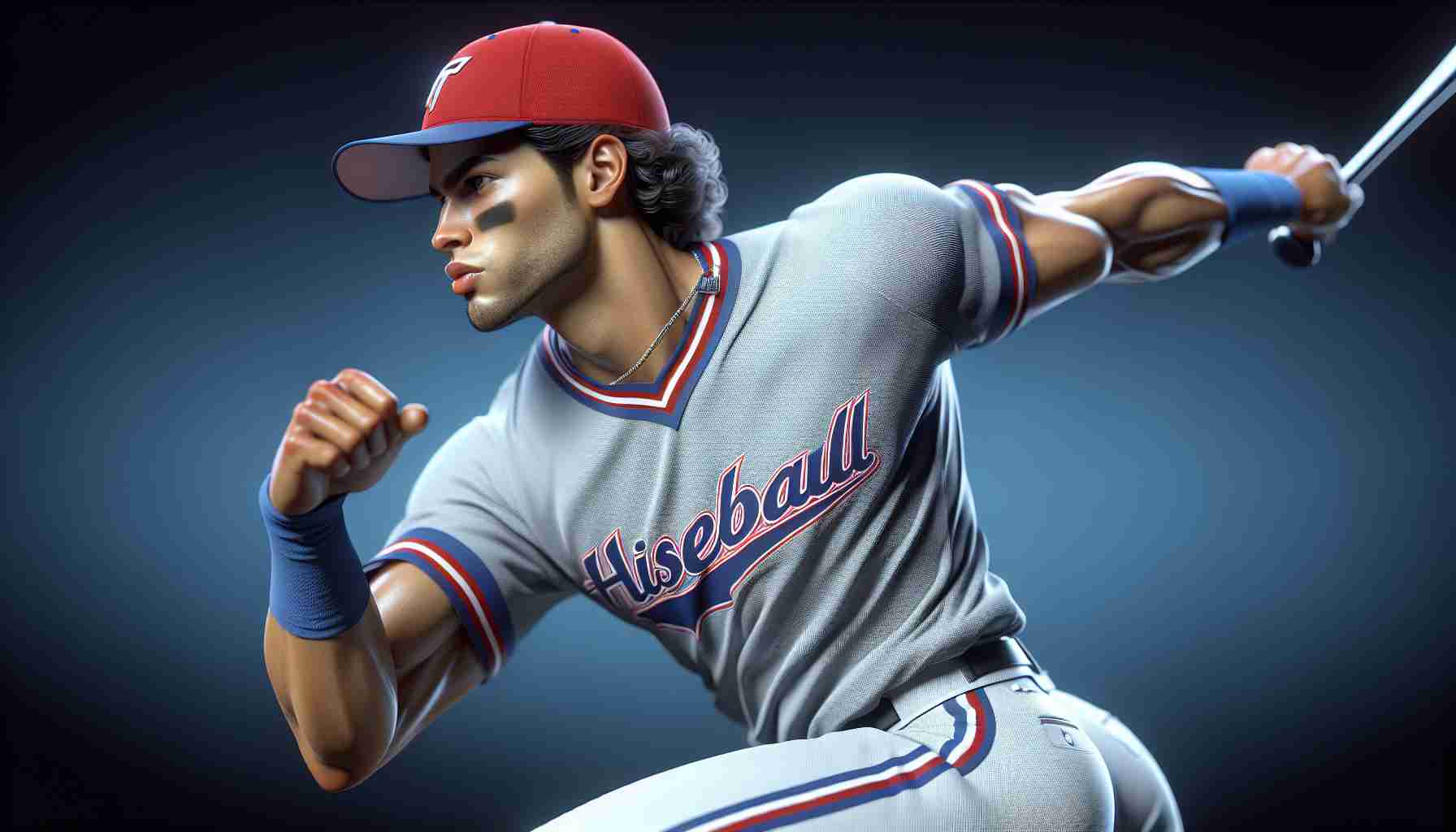 Realistic high-definition illustration of a young Hispanic male baseball player in action, competitor in the baseball team's quest for championship. He is a right choice due to his excellent sporting skills and strong drive for victory.