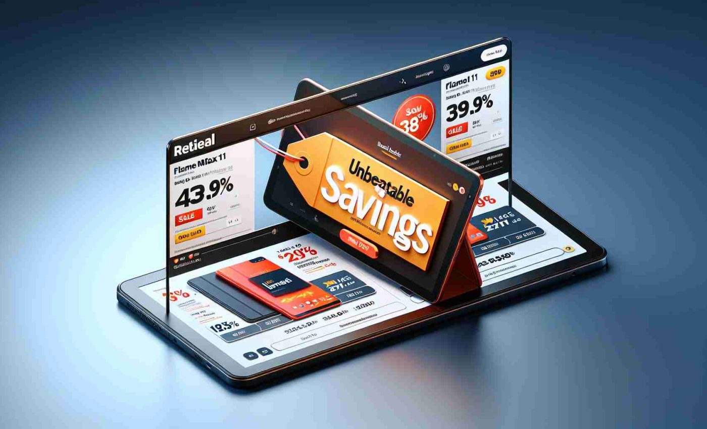 Realistic HD image representing the concept of unbeatable savings on a new brand tablet. It's set on a retail web platform displaying an advertisement for the 'Flame Max 11', a cutting-edge device. Note that the composition should have a discount tag on it to illustrate the 'unbeatable savings', but maintain a non-specific branding to avoid direct referencing.