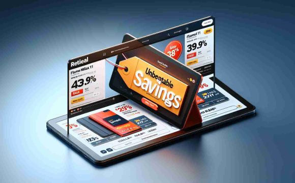 Realistic HD image representing the concept of unbeatable savings on a new brand tablet. It's set on a retail web platform displaying an advertisement for the 'Flame Max 11', a cutting-edge device. Note that the composition should have a discount tag on it to illustrate the 'unbeatable savings', but maintain a non-specific branding to avoid direct referencing.