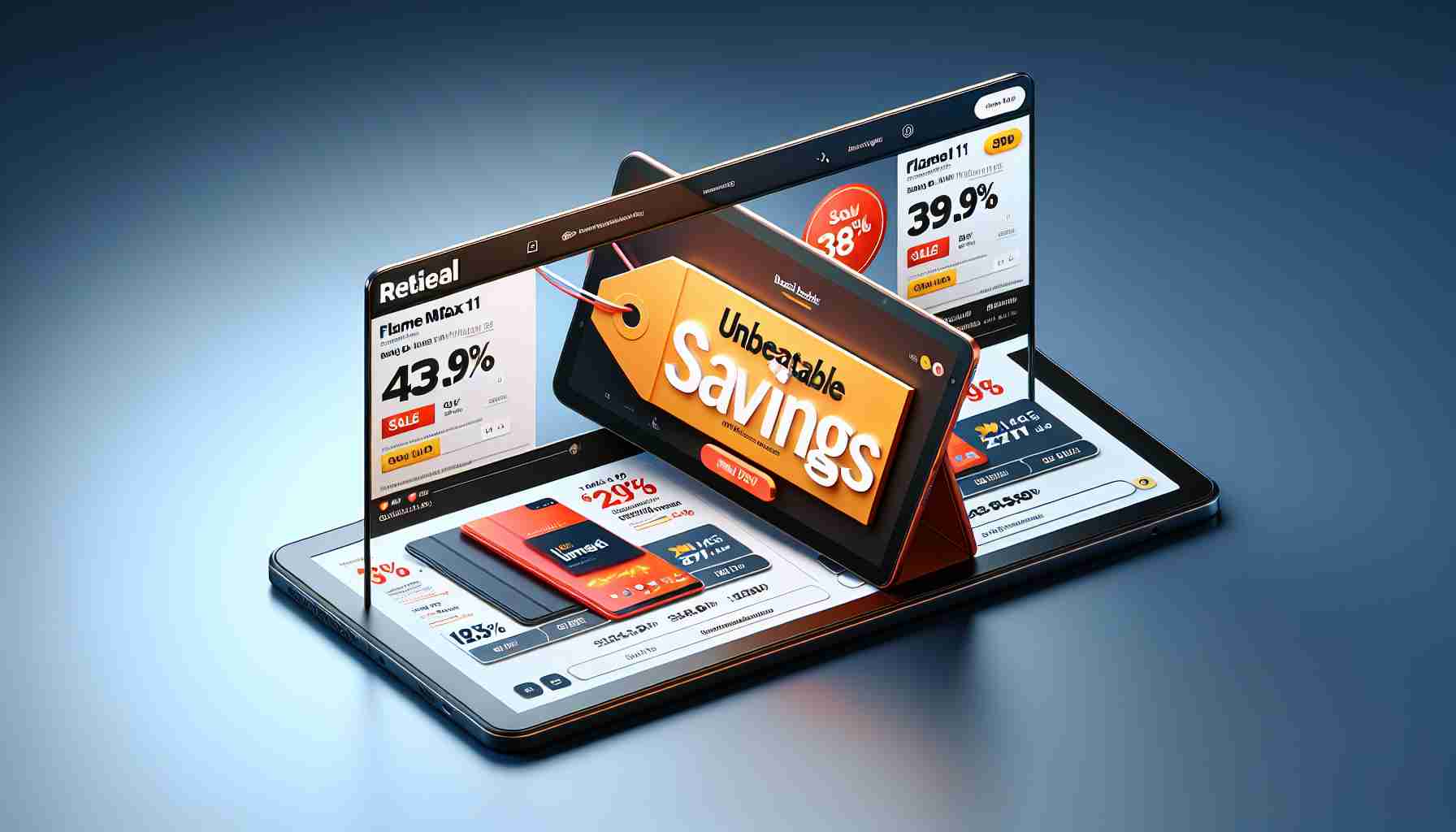 Realistic HD image representing the concept of unbeatable savings on a new brand tablet. It's set on a retail web platform displaying an advertisement for the 'Flame Max 11', a cutting-edge device. Note that the composition should have a discount tag on it to illustrate the 'unbeatable savings', but maintain a non-specific branding to avoid direct referencing.