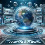 Realistic high-definition image depicting a conceptual futuristic information delivery system termed 'Lucid News: Awaken Your Mind!' The scene should capture an innovative and modern approach to data dissemination, possibly involving advanced technology, dynamic information streams or enhanced interfaces.