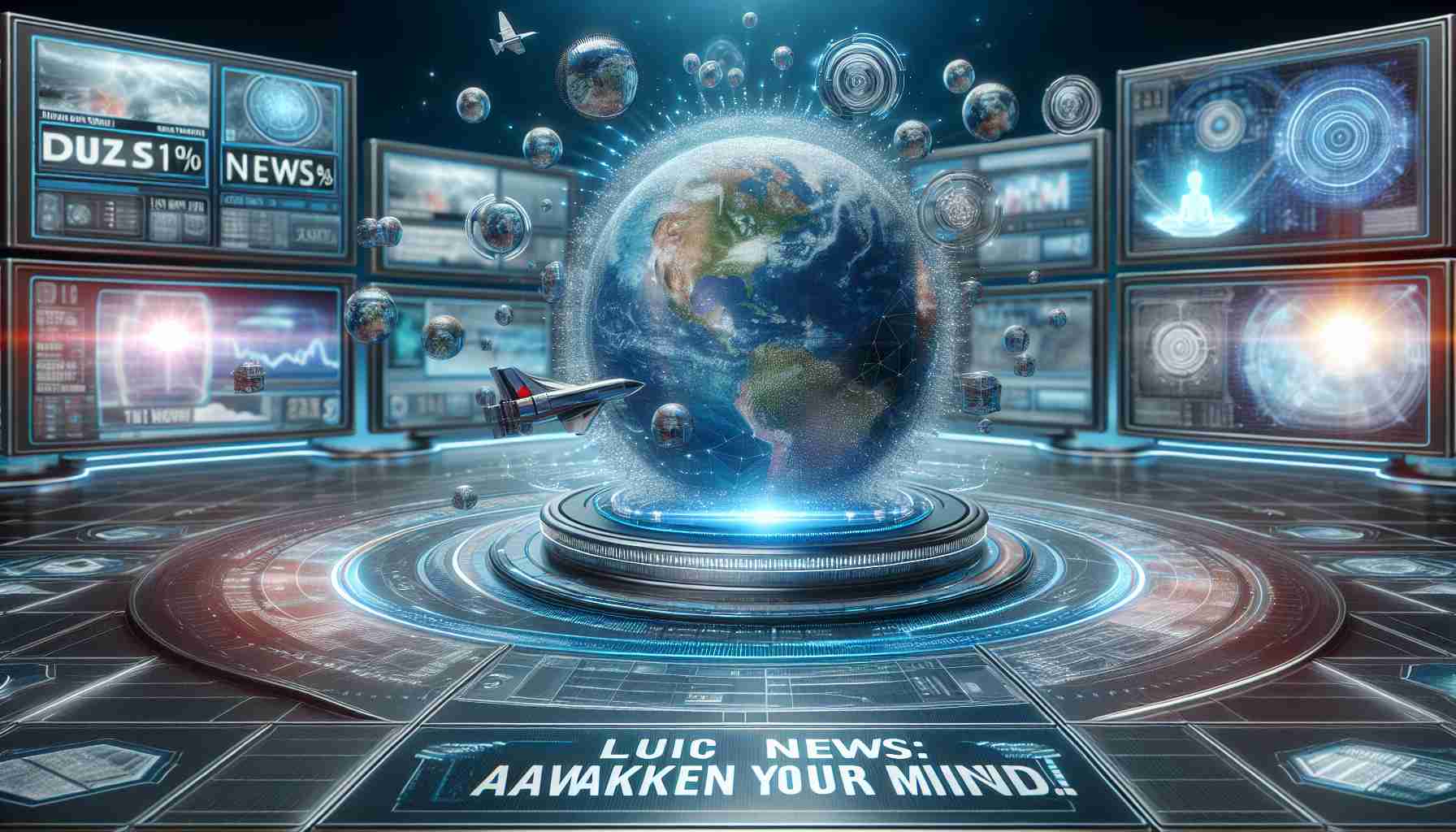 Realistic high-definition image depicting a conceptual futuristic information delivery system termed 'Lucid News: Awaken Your Mind!' The scene should capture an innovative and modern approach to data dissemination, possibly involving advanced technology, dynamic information streams or enhanced interfaces.