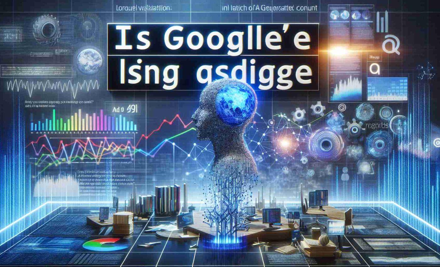 Create an HD quality, realistic image representing the concept of AI-generated content taking over. Include a large headline in bold uppercase letters saying 'IS GOOGLE LOSING ITS EDGE' against a backdrop of a stream of information and data visualizations illustrating AI progress. In the foreground, create an abstract visualization of an AI machine generating various types of content, such as documents and images.