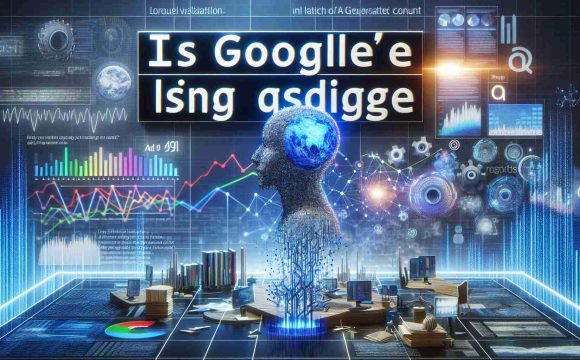 Create an HD quality, realistic image representing the concept of AI-generated content taking over. Include a large headline in bold uppercase letters saying 'IS GOOGLE LOSING ITS EDGE' against a backdrop of a stream of information and data visualizations illustrating AI progress. In the foreground, create an abstract visualization of an AI machine generating various types of content, such as documents and images.