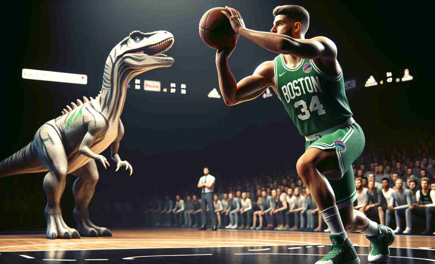 Realistic high-definition image of a basketball player, with the physique of a point guard, showing impressive skills on the court. He is seen preparing to make a shot against a rival team, identified by dino-themed jerseys. The player's jersey is green, indicating he belongs to a Boston inspired team. The atmosphere is intense, uncertainty and expectation mix in the arena, spectators are holding their breath waiting to see if the player will shine in this match.