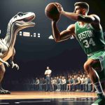 Realistic high-definition image of a basketball player, with the physique of a point guard, showing impressive skills on the court. He is seen preparing to make a shot against a rival team, identified by dino-themed jerseys. The player's jersey is green, indicating he belongs to a Boston inspired team. The atmosphere is intense, uncertainty and expectation mix in the arena, spectators are holding their breath waiting to see if the player will shine in this match.