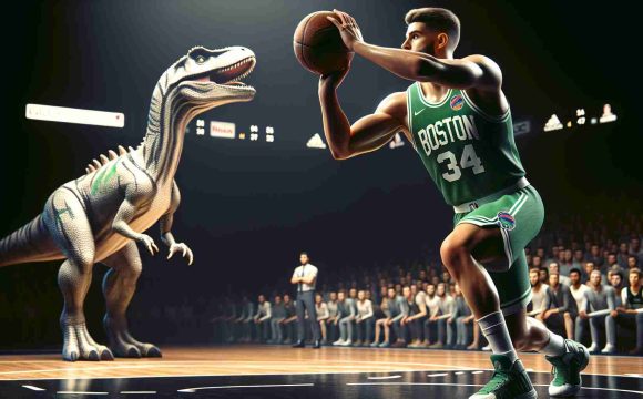 Realistic high-definition image of a basketball player, with the physique of a point guard, showing impressive skills on the court. He is seen preparing to make a shot against a rival team, identified by dino-themed jerseys. The player's jersey is green, indicating he belongs to a Boston inspired team. The atmosphere is intense, uncertainty and expectation mix in the arena, spectators are holding their breath waiting to see if the player will shine in this match.