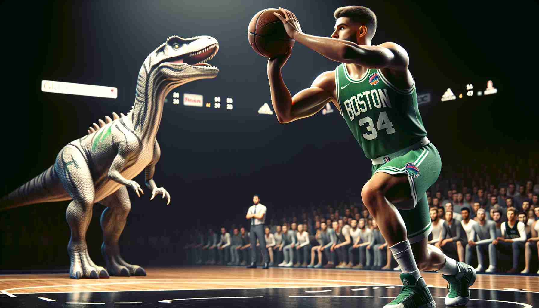 Realistic high-definition image of a basketball player, with the physique of a point guard, showing impressive skills on the court. He is seen preparing to make a shot against a rival team, identified by dino-themed jerseys. The player's jersey is green, indicating he belongs to a Boston inspired team. The atmosphere is intense, uncertainty and expectation mix in the arena, spectators are holding their breath waiting to see if the player will shine in this match.