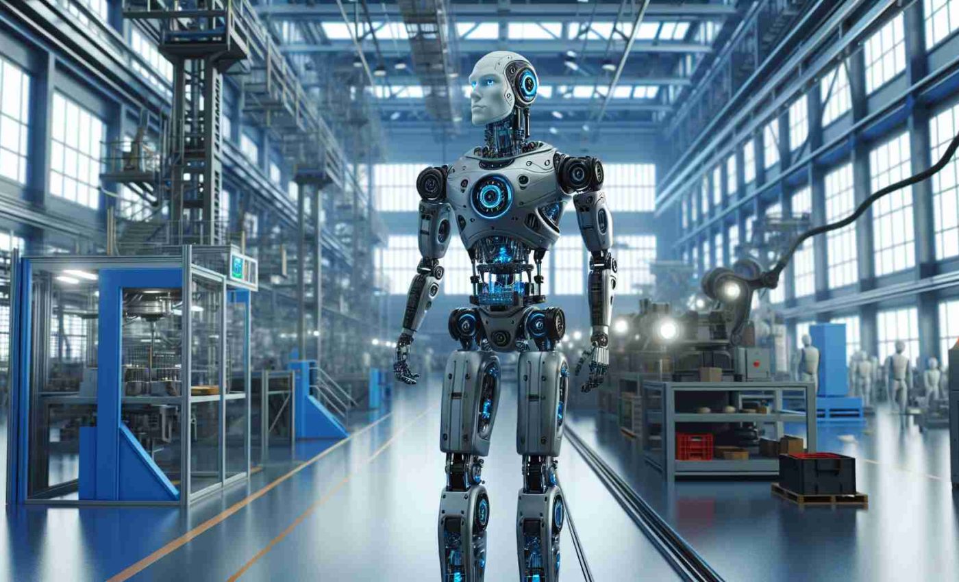 Generate a realistic HD photo featuring a humanoid robot, reminiscent of those developed by advanced robotics industries, within a factory environment. The robot should portray advanced mobility and agility as though it represents the future of industrial manufacturing and robotics.