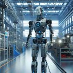 Generate a realistic HD photo featuring a humanoid robot, reminiscent of those developed by advanced robotics industries, within a factory environment. The robot should portray advanced mobility and agility as though it represents the future of industrial manufacturing and robotics.