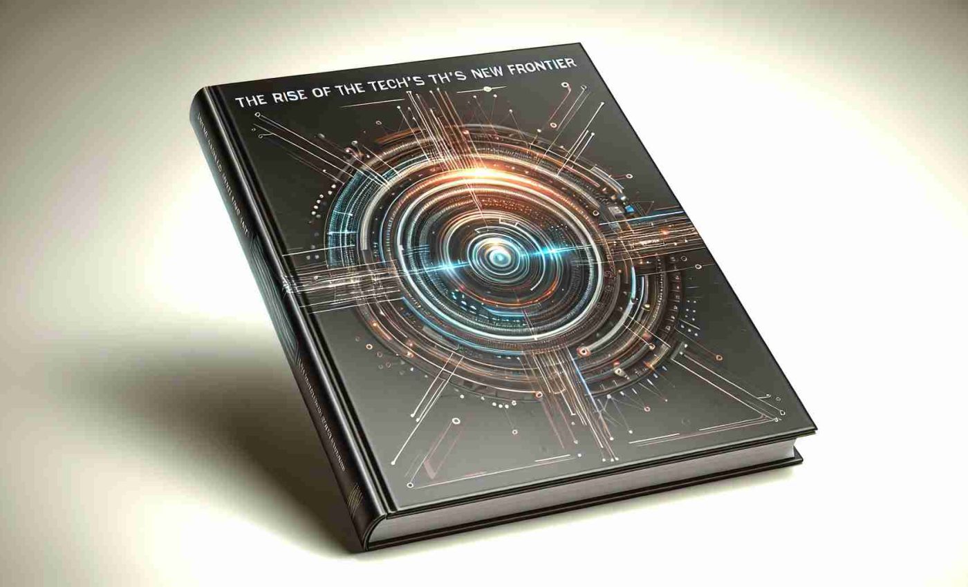 High-definition, realistic image of a fictional book cover titled 'The Rise of the Tech's New Frontier' with an abstract design on the cover. The design should represent technology and innovation. The overall look should be modern and sleek, alluding to futuristic advancement.