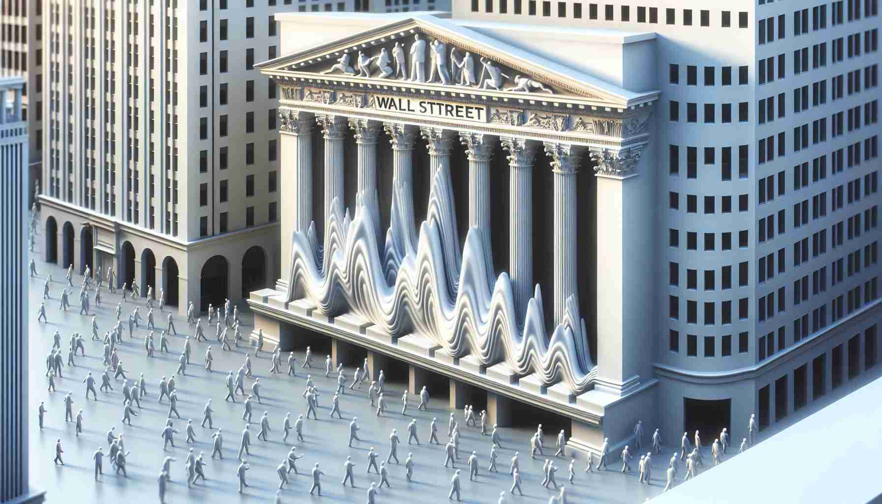 A high definition, realistic illustration of Wall Street displaying signs of uncertainty and instability, metaphorically represented as wavering structures. The scene should indicate a team formation process, represented by figures moving and organizing elements around. Avoid depicting any specific politicians or public figures.