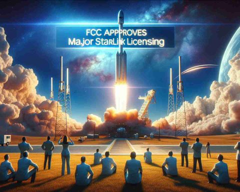 Generate a high definition, realistic image showing a SpaceX rocket launching into the sky. This scene also illustrates the concept of major Starlink licensing approval by the Federal Communication Commission. Display text overlay on the image saying 'FCC Approves Major Starlink Licensing'. The scene is set against a vivid backdrop of a blue sky with wisps of white clouds. In the foreground, the ground staff, including both men and women of various descents, can be seen looking at the spectacle with awe.